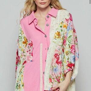 POL Candy Pink Thermal & Lace Patchwork Button Top – Style YKT1430 (NWT)